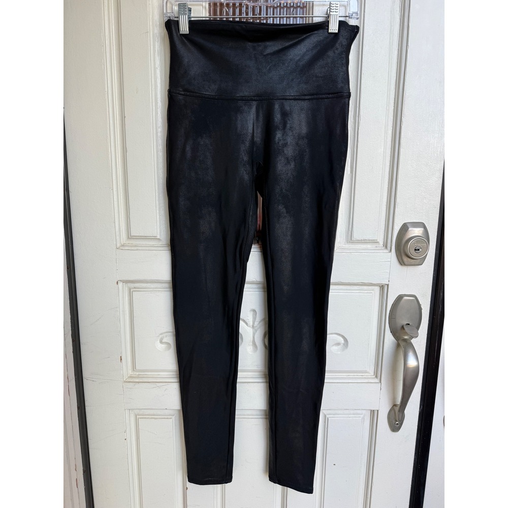 Spanx Faux Leather Metallic Leggings Black High Waist Shaping‎ Size Large